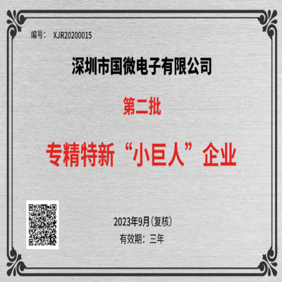 2023年9月，國(guó)微電子被工業(yè)和信息化部中小企業(yè)局再次認(rèn)定為國(guó)家級(jí)專(zhuān)精特新重點(diǎn)“小巨人”企業(yè)